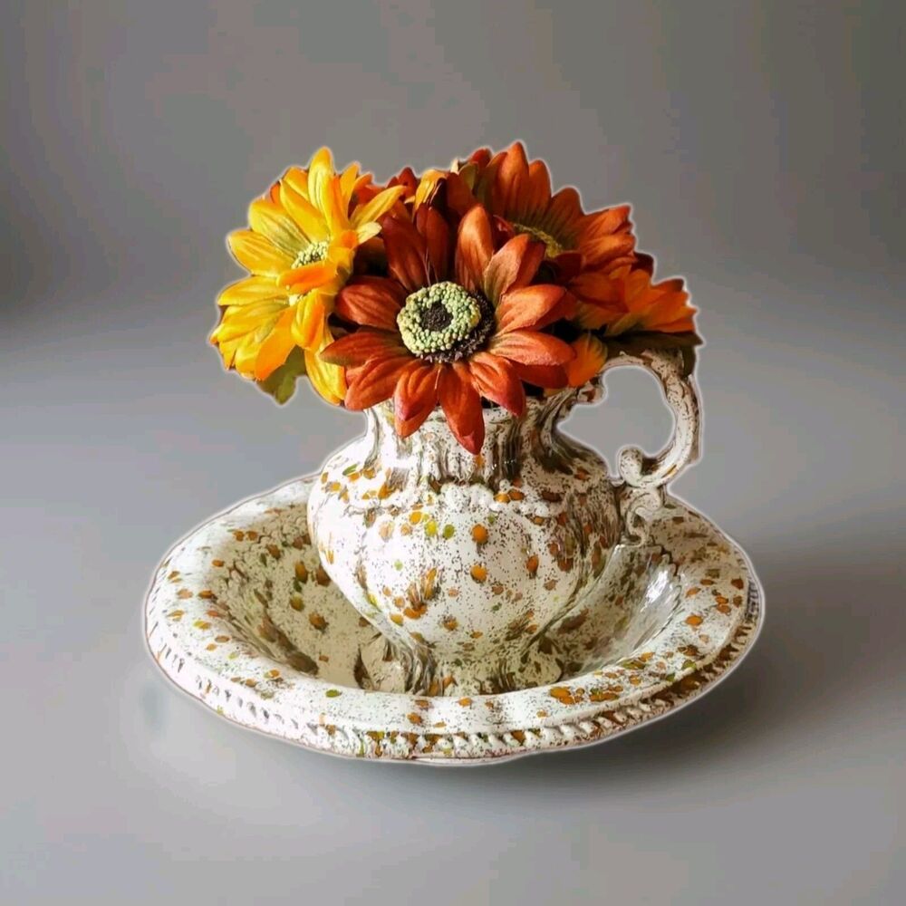Vintage Basin and Pitcher, Arnels 1975 Ivory, Green, Orange, Brown.  Fall Flower